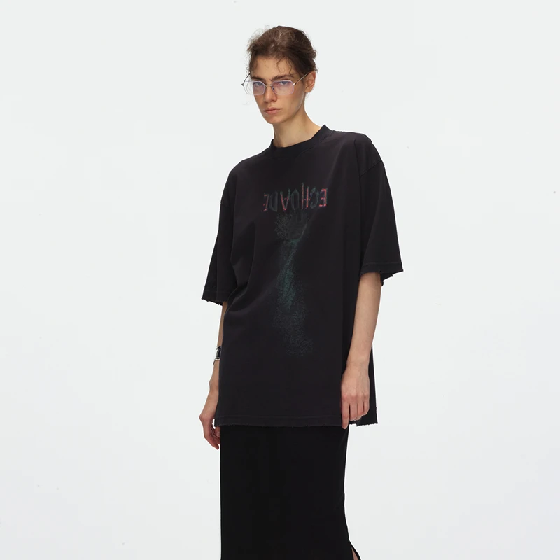 ECHOADE甄选亲肤100%棉艺术感倒影丝网印花旧水洗工艺宽松廓形T恤