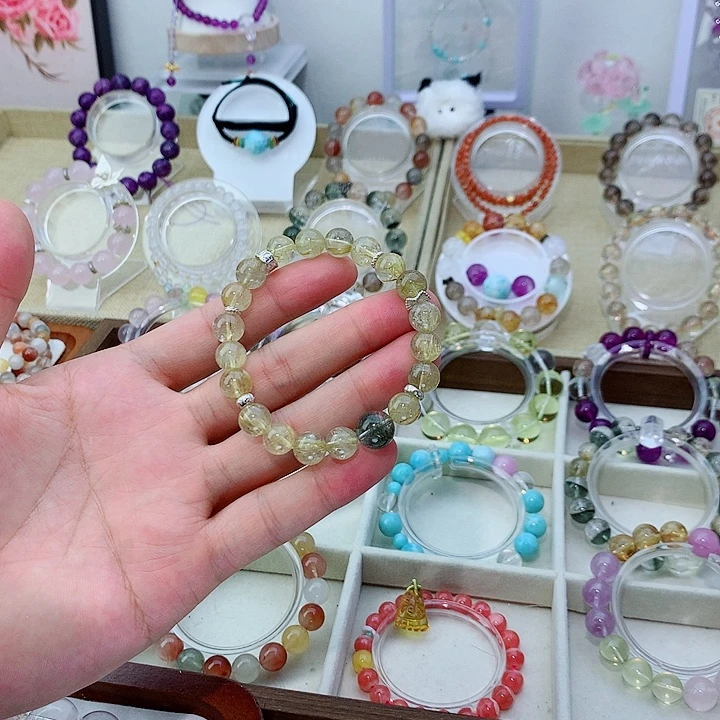 水晶手链银S925镶嵌金发晶手链+绿幽灵