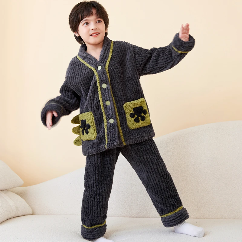 【法兰绒男童套装】儿童秋冬加厚保暖法兰绒珊瑚绒家居服套装卡通