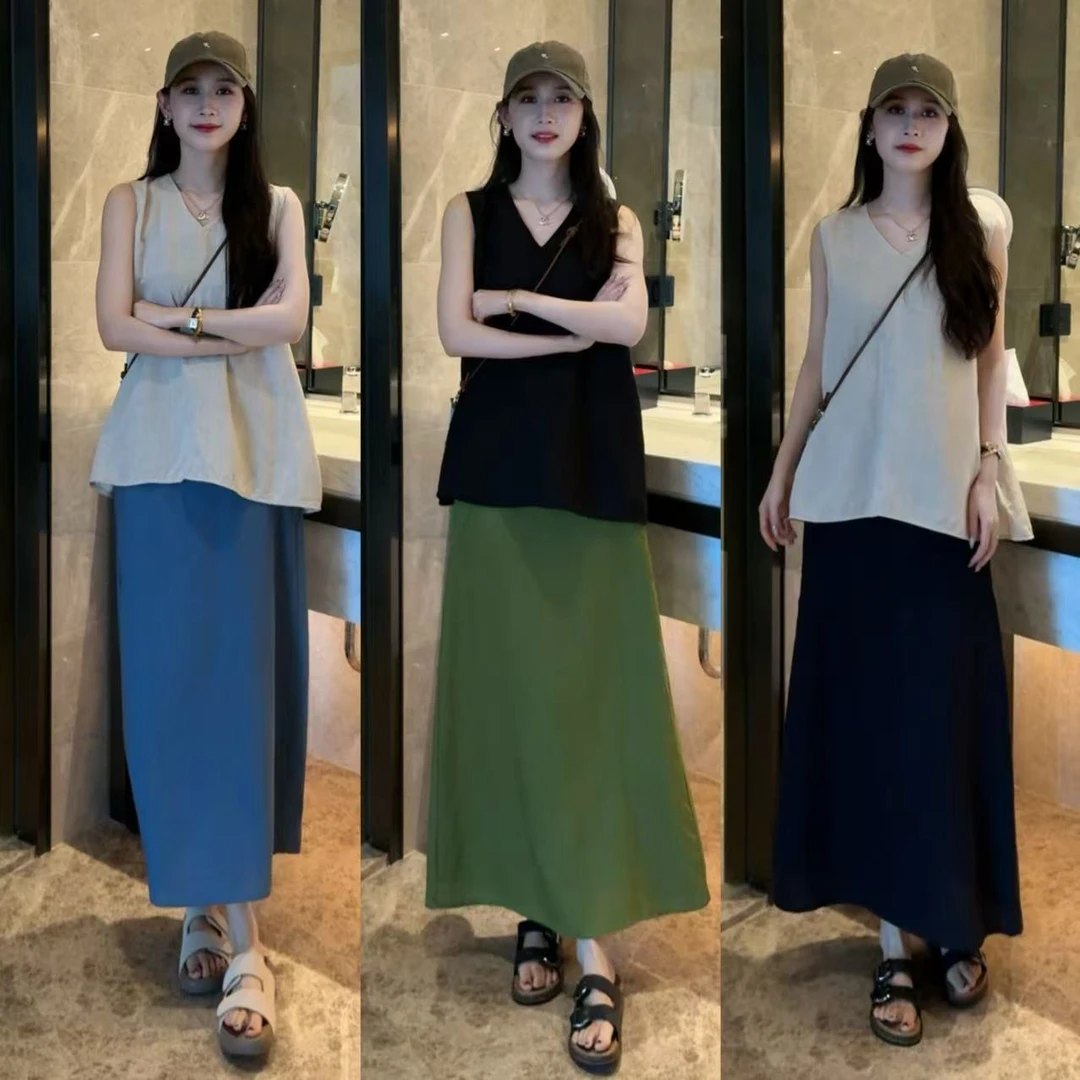 新款微阔弧形老钱风V领背心＋亚麻半身裙两件套