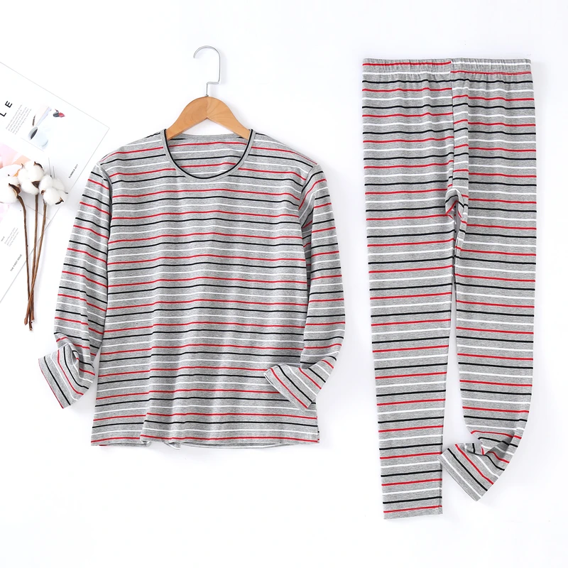 女士条纹秋衣套装纯棉莱卡棉修身弹力中老年打底秋衣大码衬衣衬裤