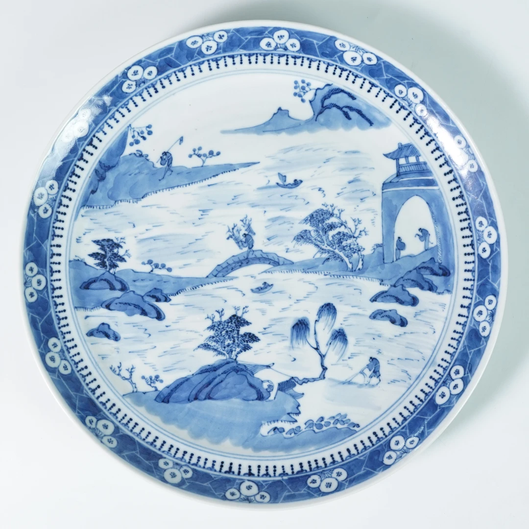 LGG251208005【十竹斋】清光绪渔樵耕读青花折沿盘