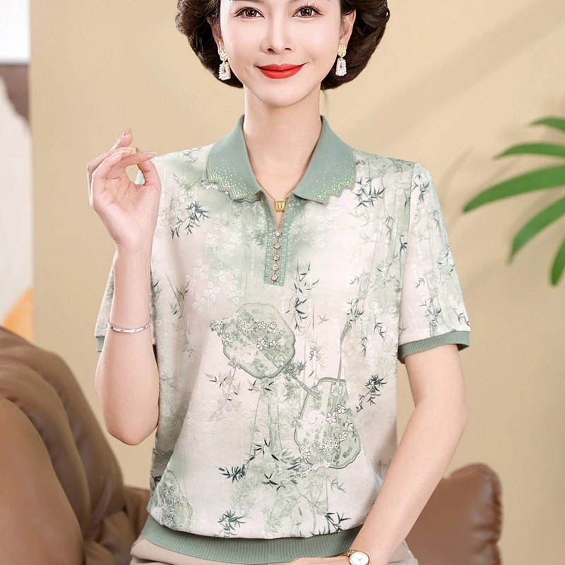 妈妈洋气短袖冰丝T恤中年女装夏季新款中老年夏装薄款针织上衣服"