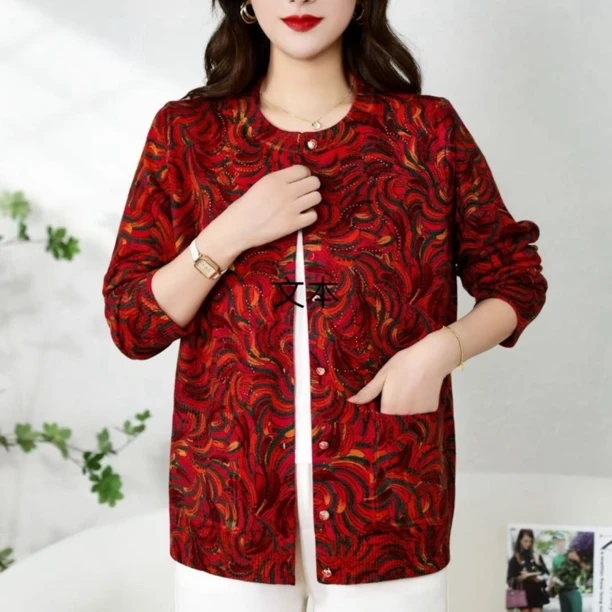 秋季新款针织洋气春秋短款宽松大码针织衫印花开衫外套气质妈妈装