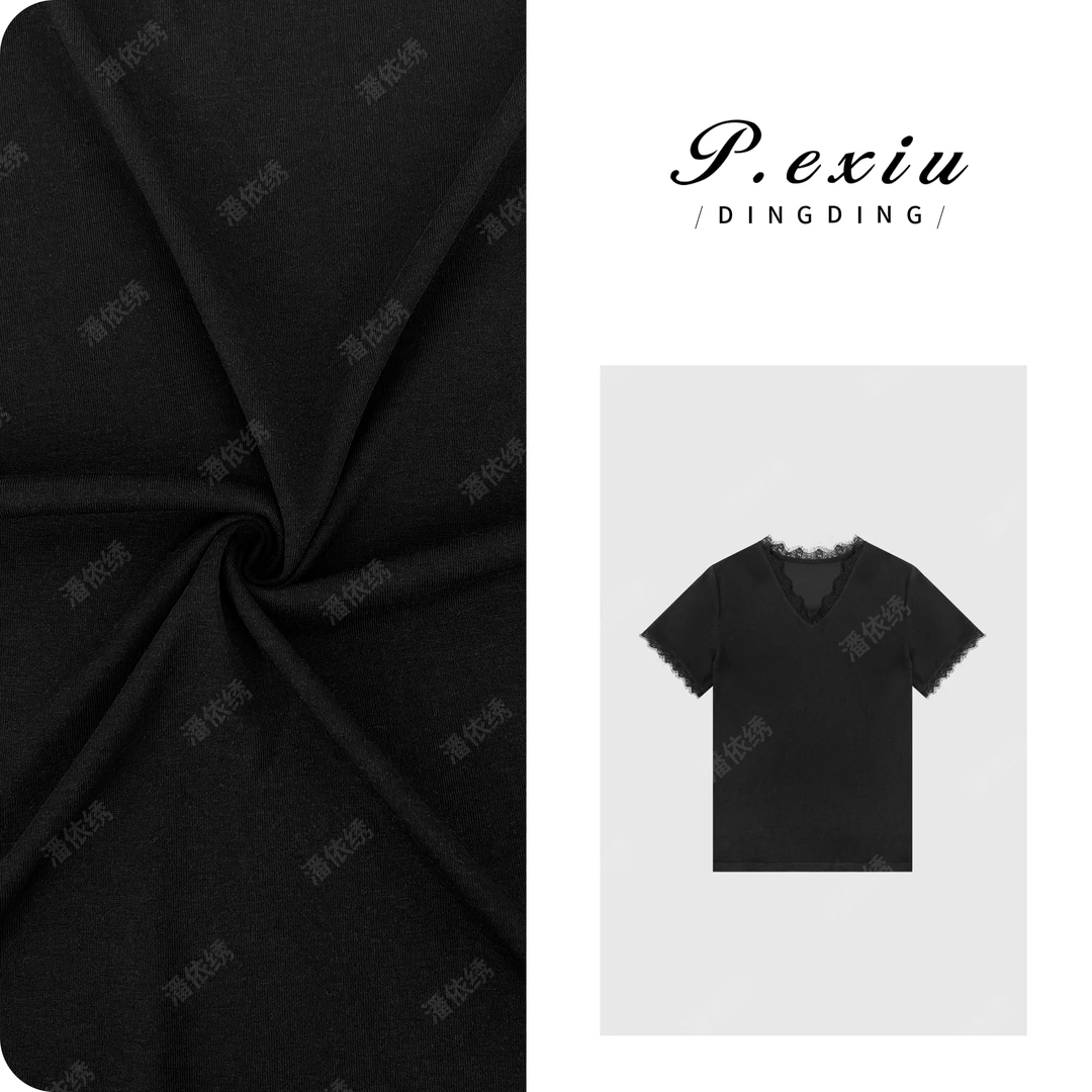 PanYiXiu/潘依绣【目光收割】V领拼接重工蕾丝短袖T恤W-62936