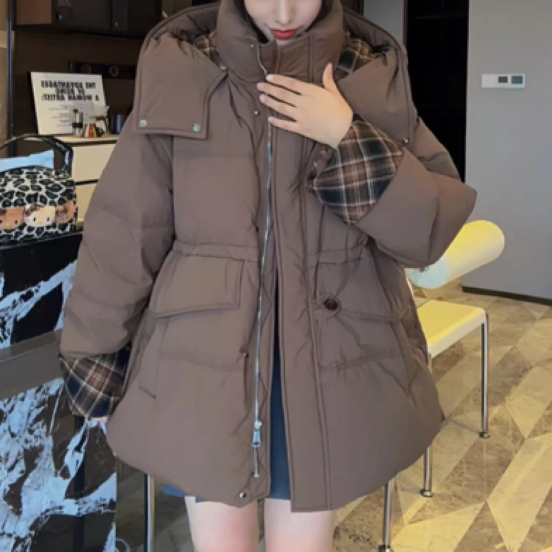 翻边格子中长款90的鸭外套