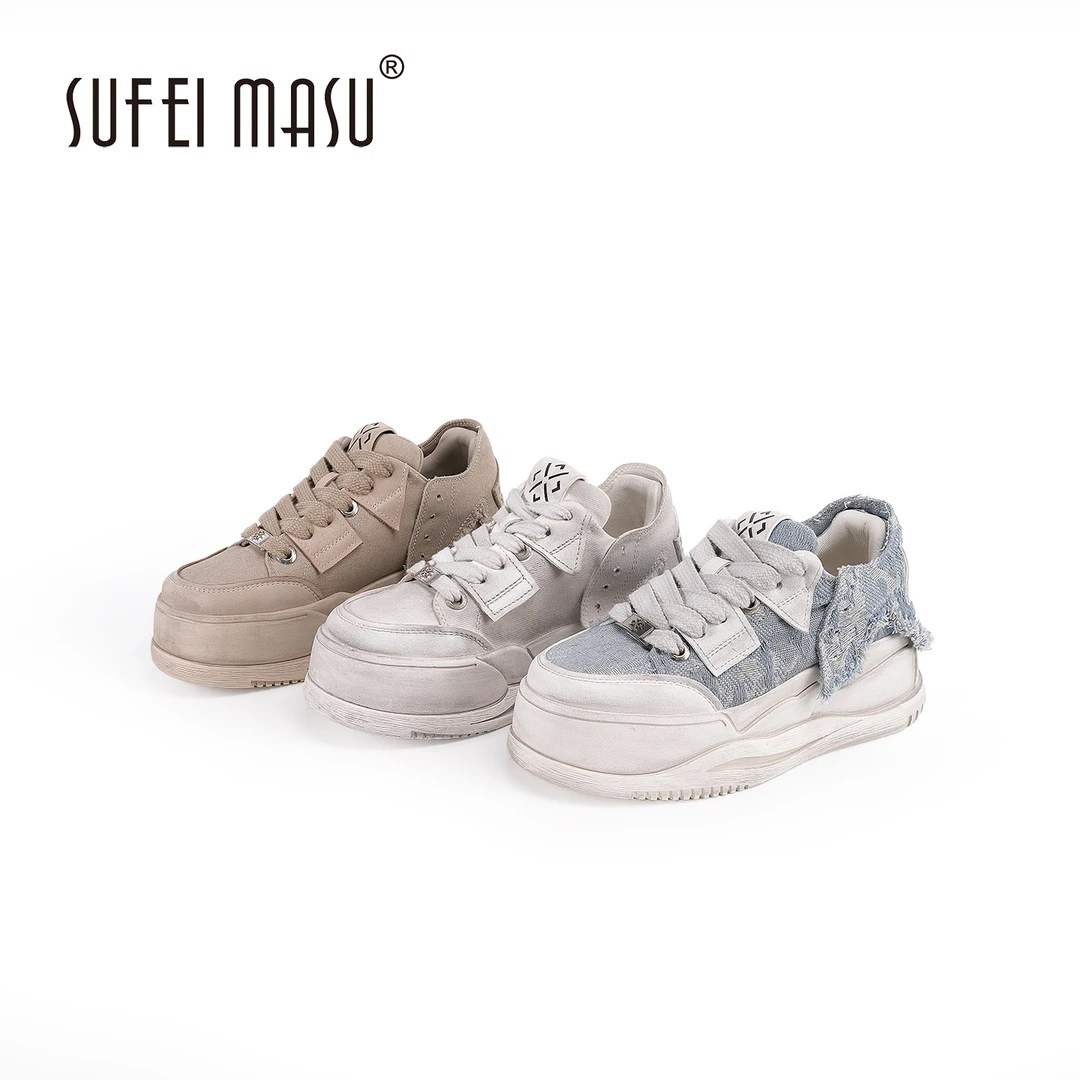 苏菲玛素新款做旧小白鞋厚底百搭圆头系带休闲运动板鞋SF62C-3805