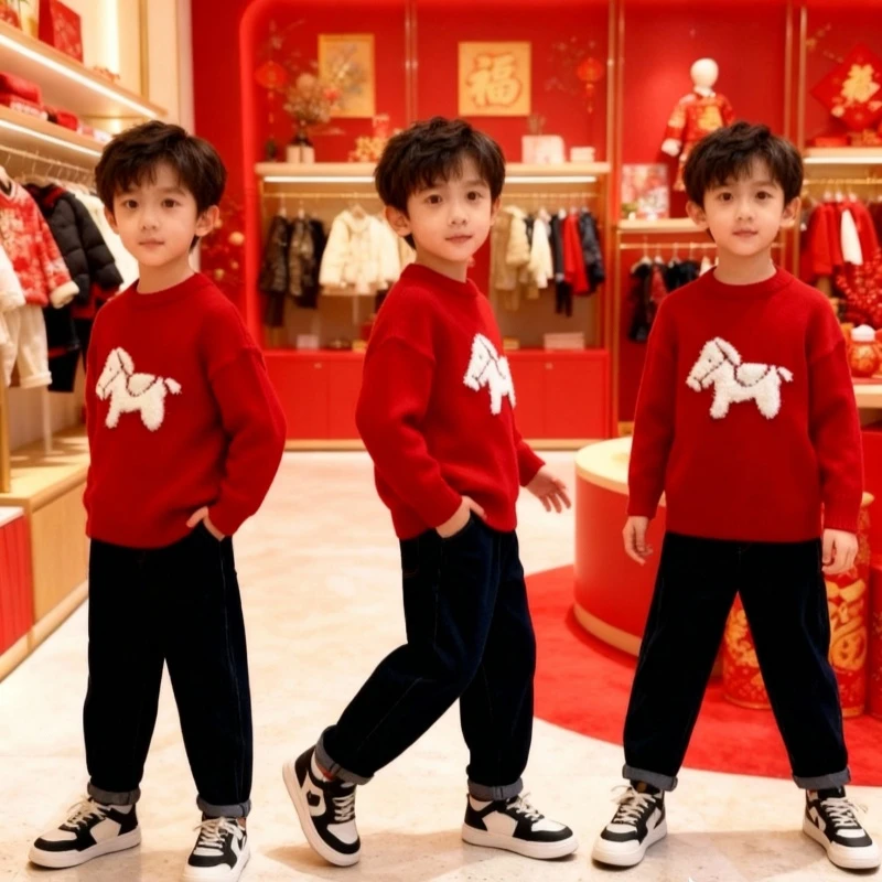 【小哥童装】男童秋冬新款红色卡通图案洋气针织毛衣中大童92236