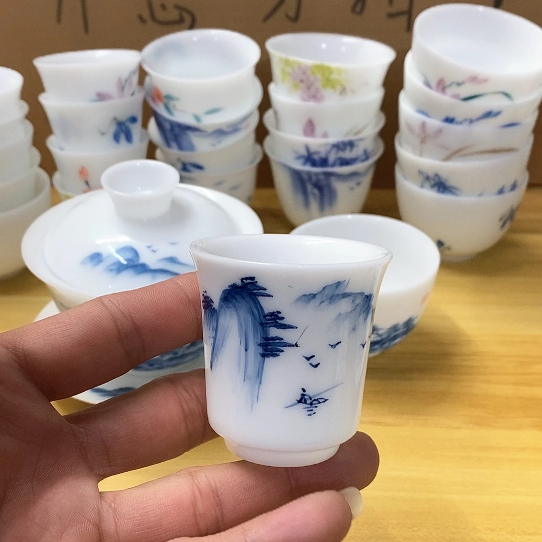 冰种玉瓷手绘杯子2个