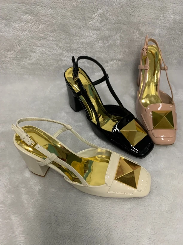 8厘米跟欧美风方头女牛漆皮时装凉鞋高跟鞋金色百搭鞋多巴胺3150