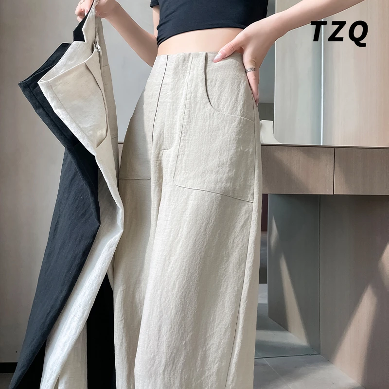 天丝棉麻褶皱阔腿裤女夏季薄款2024新款高腰垂感直筒西装休闲裤子