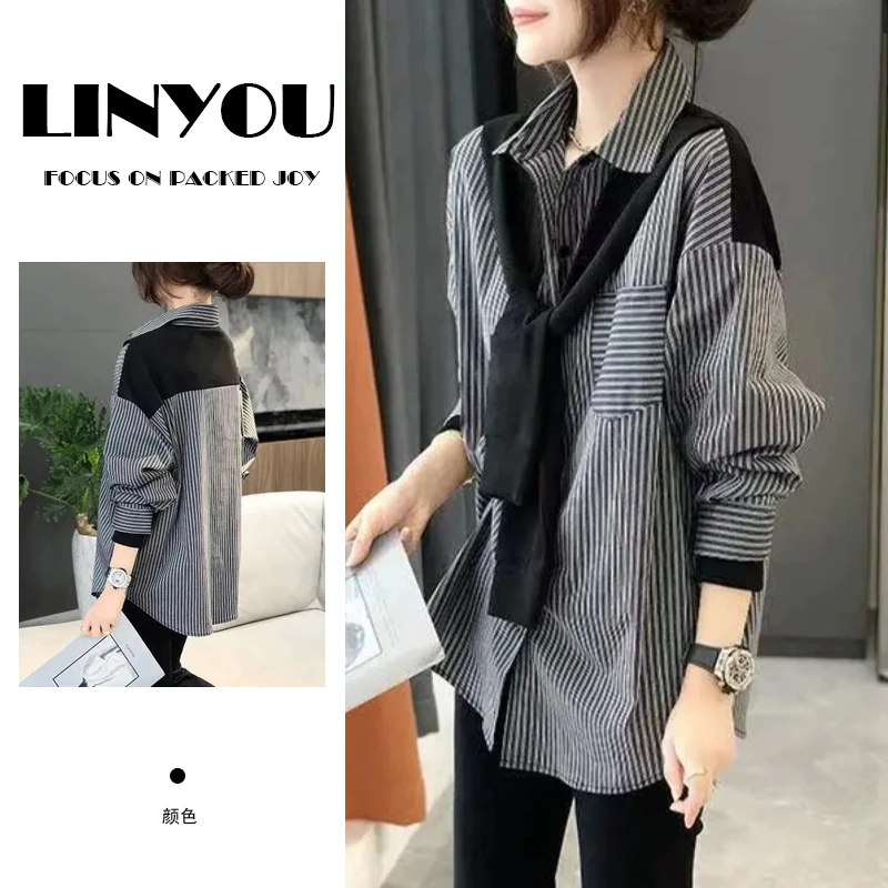 韩版时尚假两件披肩长袖衬衫女2025年春秋夏季新款大码减龄衬衣潮