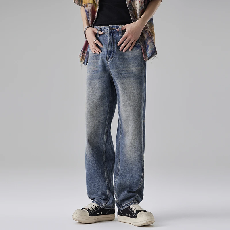 MANJUSTIC新款水洗美式cleanfit直筒男士牛仔裤阔腿宽松百搭长裤