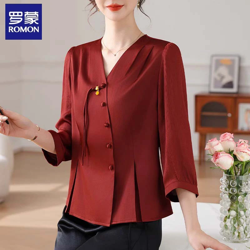 罗蒙新中式妈妈夏装套装国风两件套中老年女装春夏七分袖衬衫上衣