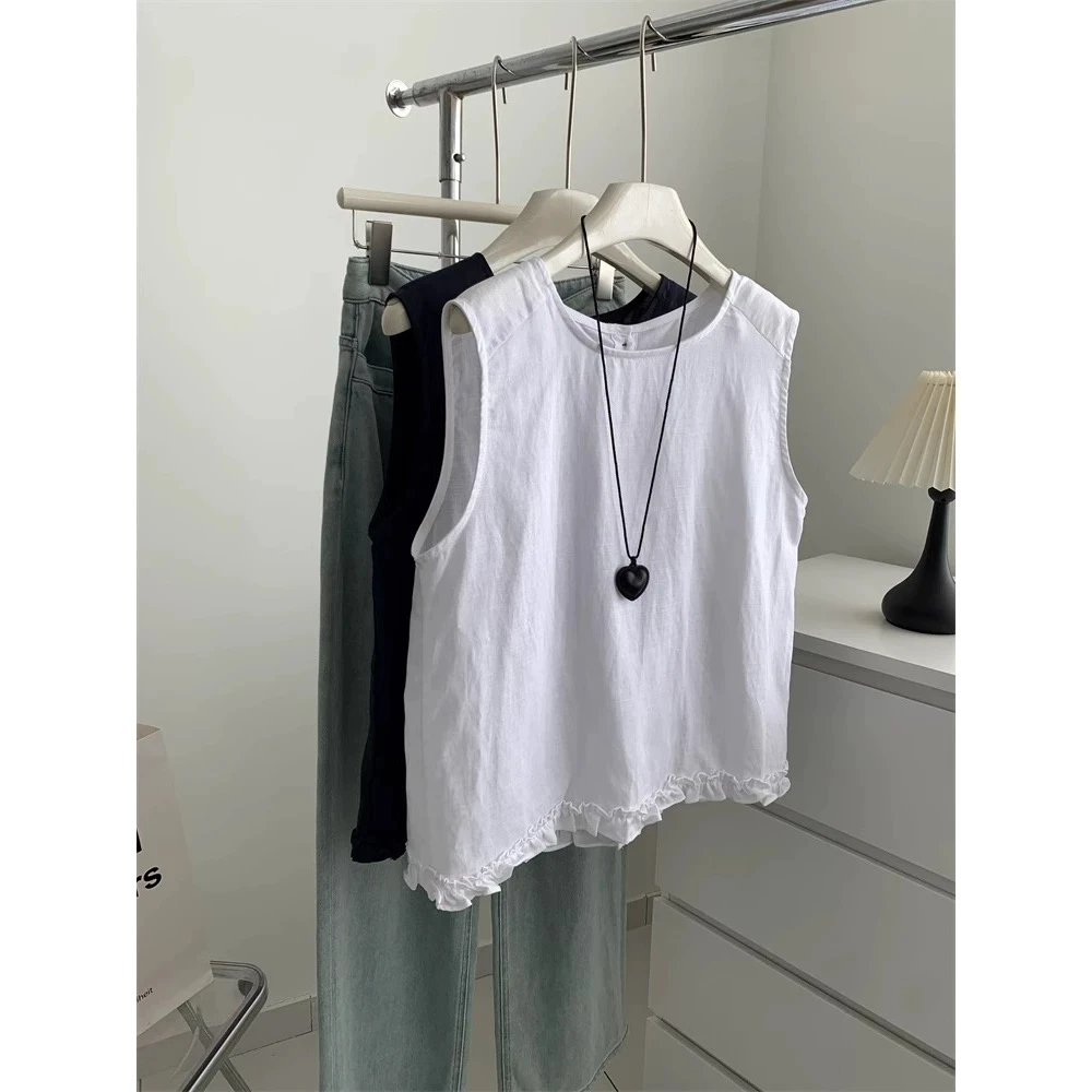 【亚麻木耳边】韩系清冷风气质无袖小衫简约纯色圆领显瘦背心上衣女