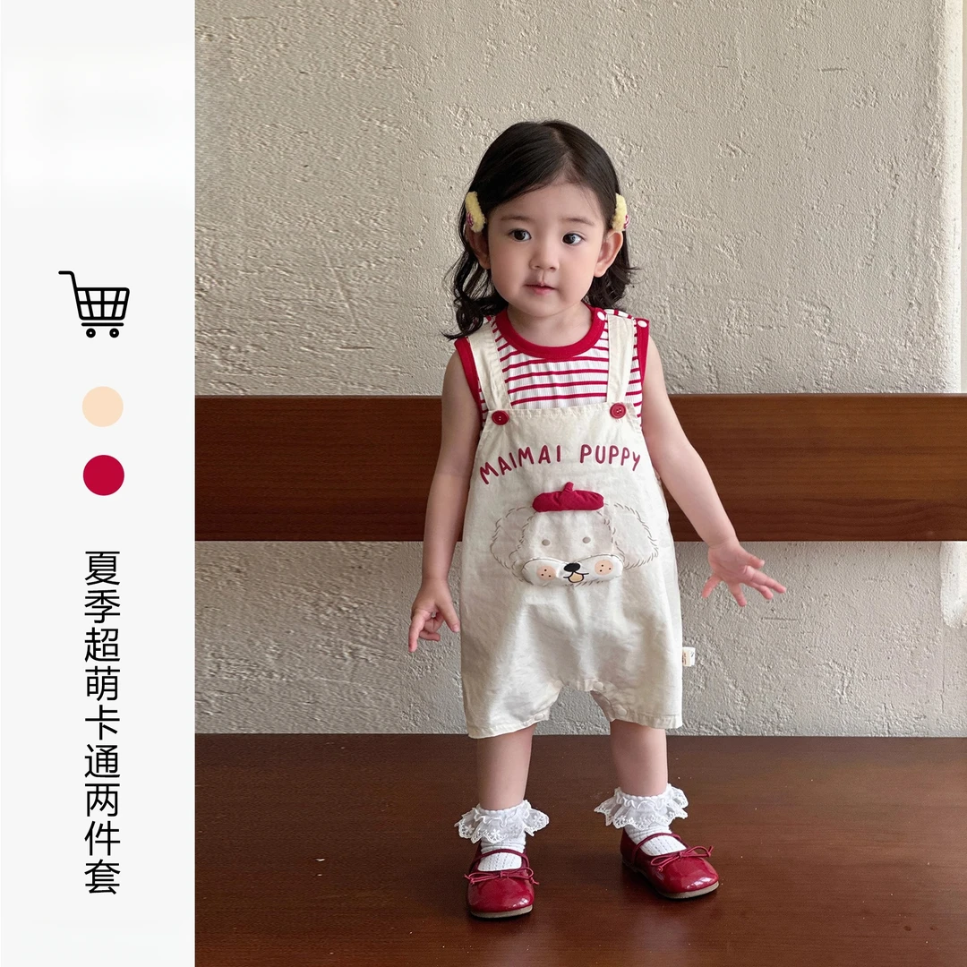 女宝宝夏套装超萌背带裤条纹背心夏装婴儿衣服夏季薄款连体裤上衣