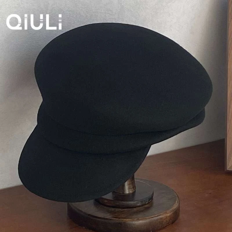 绵羊毛双模爆款秋冬复古英伦百搭时尚显脸小毡帽 荣荣06黑色素