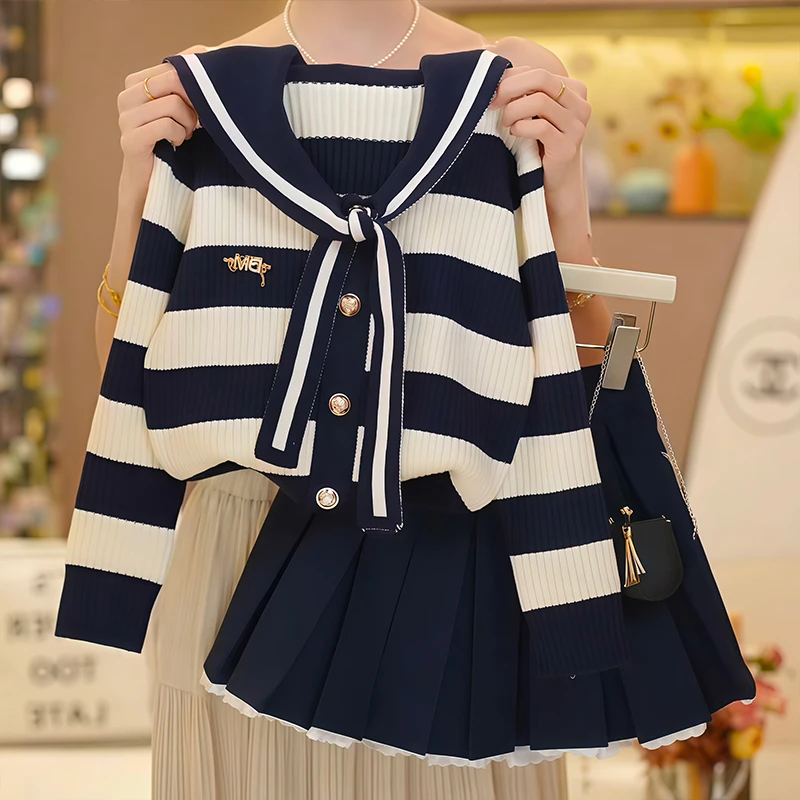 女童学院风套装春秋2025新款儿童百褶裙秋季女孩海军领毛衣两件套