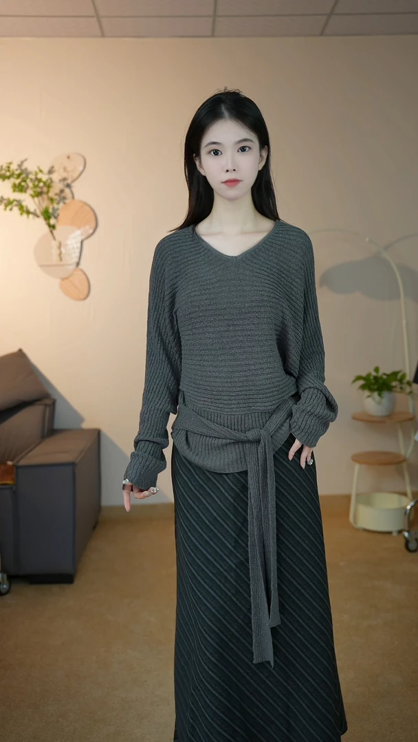 纯色女装毛针织衫春季套头款V领针织衫休闲显瘦针织套装 1130