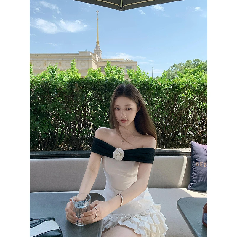 夏季新款富家千金气质衣服一字领拼色花朵上衣女多层蛋糕裙蓬蓬裙