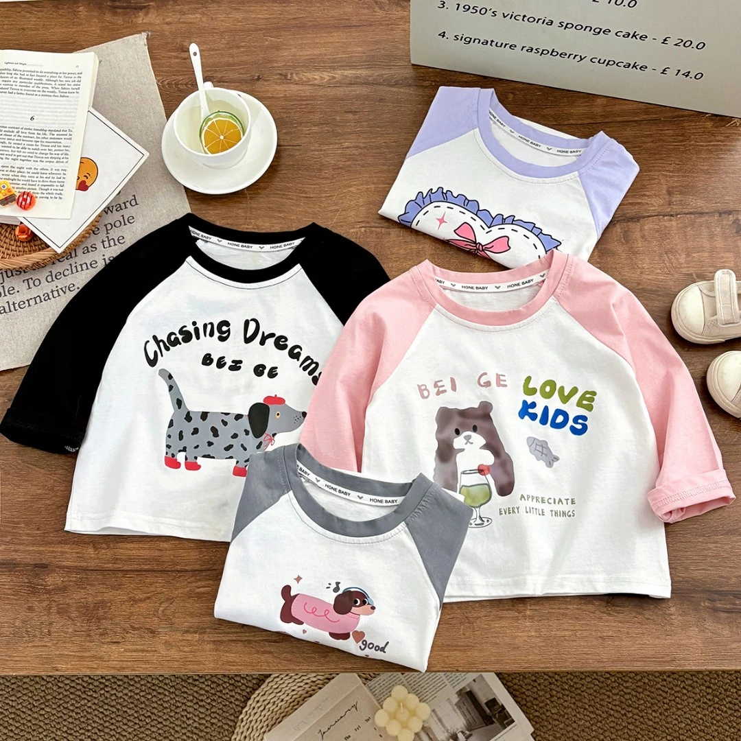 男女童插肩长袖T恤2025春秋新款洋气儿童圆领上衣印花纯棉打底衫