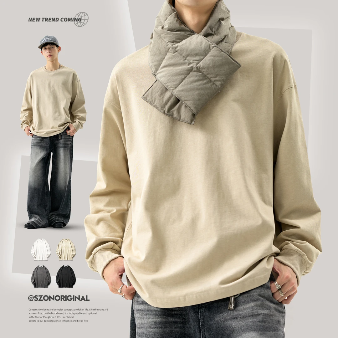 2025秋季新款ins日系复古纯色圆领卫衣潮款宽松百搭男士长袖上衣