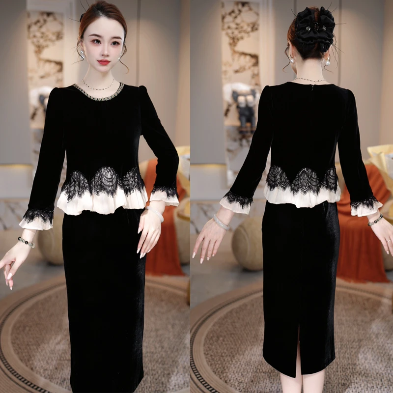 【云想衣裳】2025秋季新款收腰显瘦洋气减龄轻奢女人味黑色连衣裙