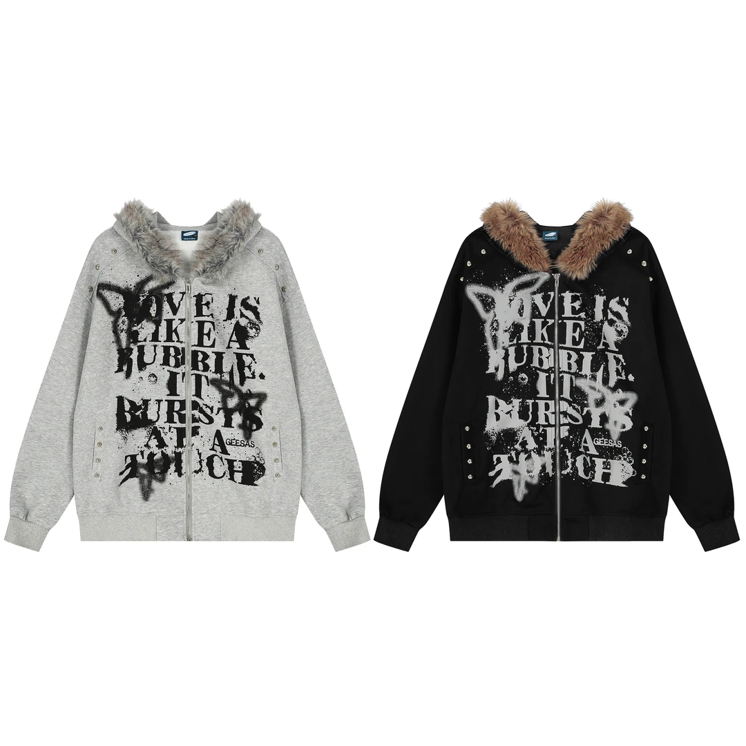 TOM潮 美式街头复古涂鸦风连帽毛领宽松开衫卫衣短外套个性设计感