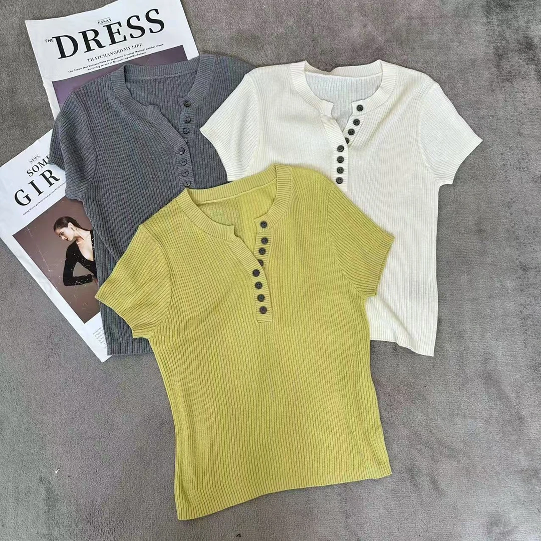 【米可家】纽扣剪刀领天丝亚麻品质针织短袖6789