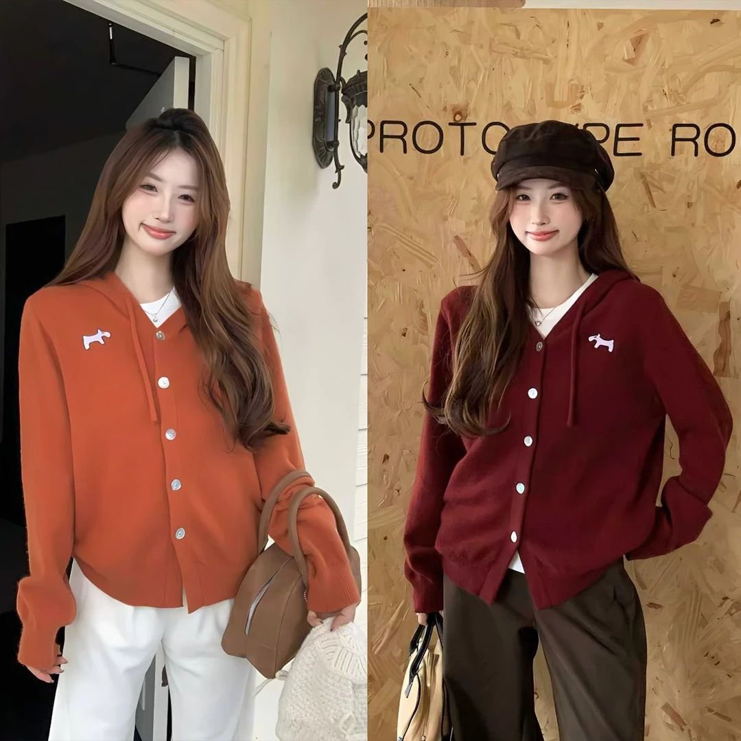 南瓜色连帽正肩针织毛衣外套女2025秋冬季新款大码胖mm多巴胺上衣