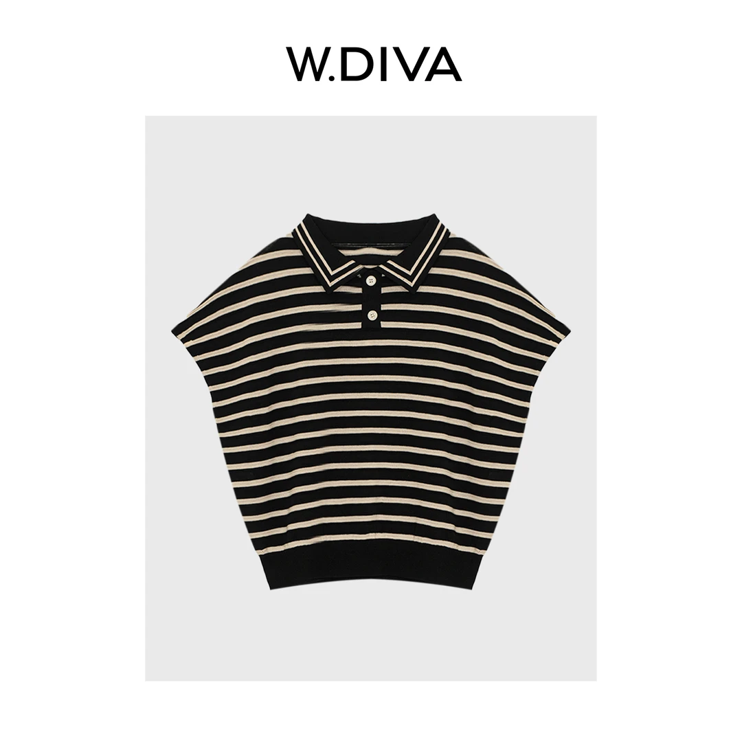 W.Diva【领潮者】桑蚕丝摩登优雅条纹宽肩袖V领翻领针织衫52Z172412