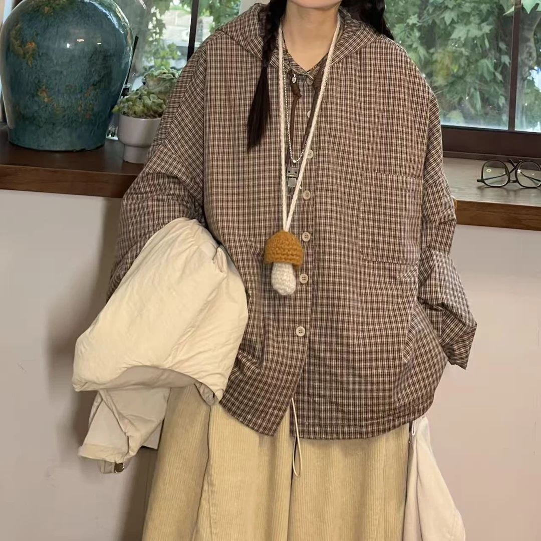 冬季新款复古格子大口袋款帽衫夹棉外套458114