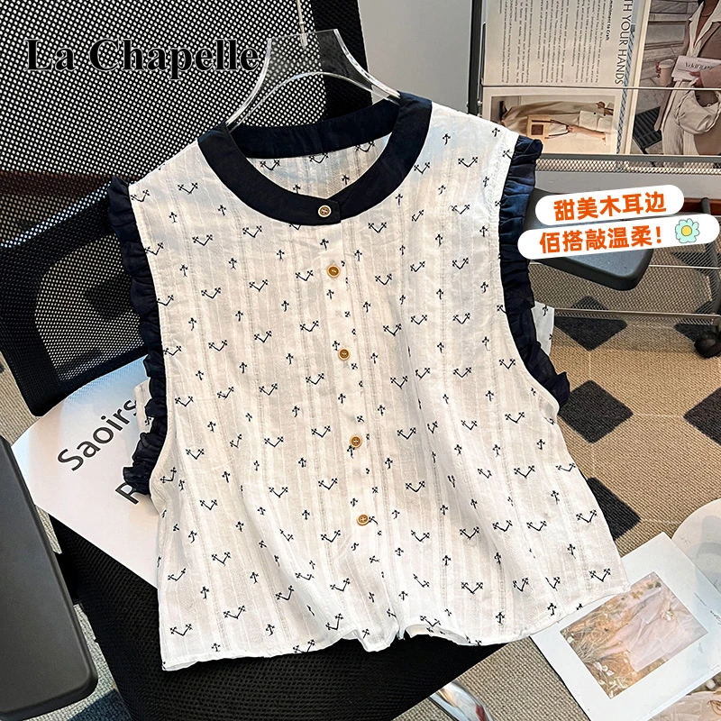 拉夏贝尔韩版时尚宽松显瘦百搭减龄上衣夏新款圆领无袖印花衬衫女