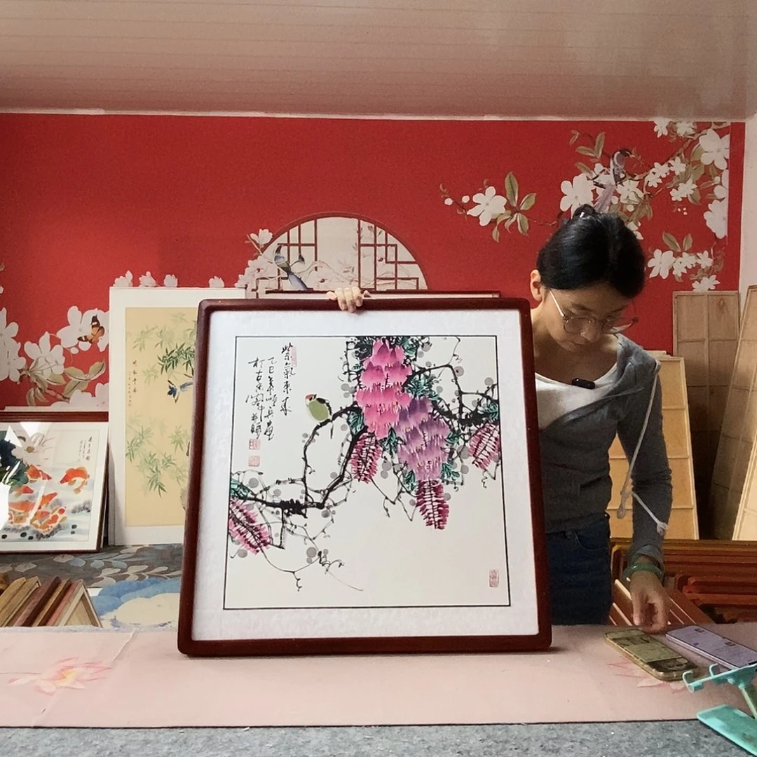 国画手写手绘带框包邮国画作品62✖️62