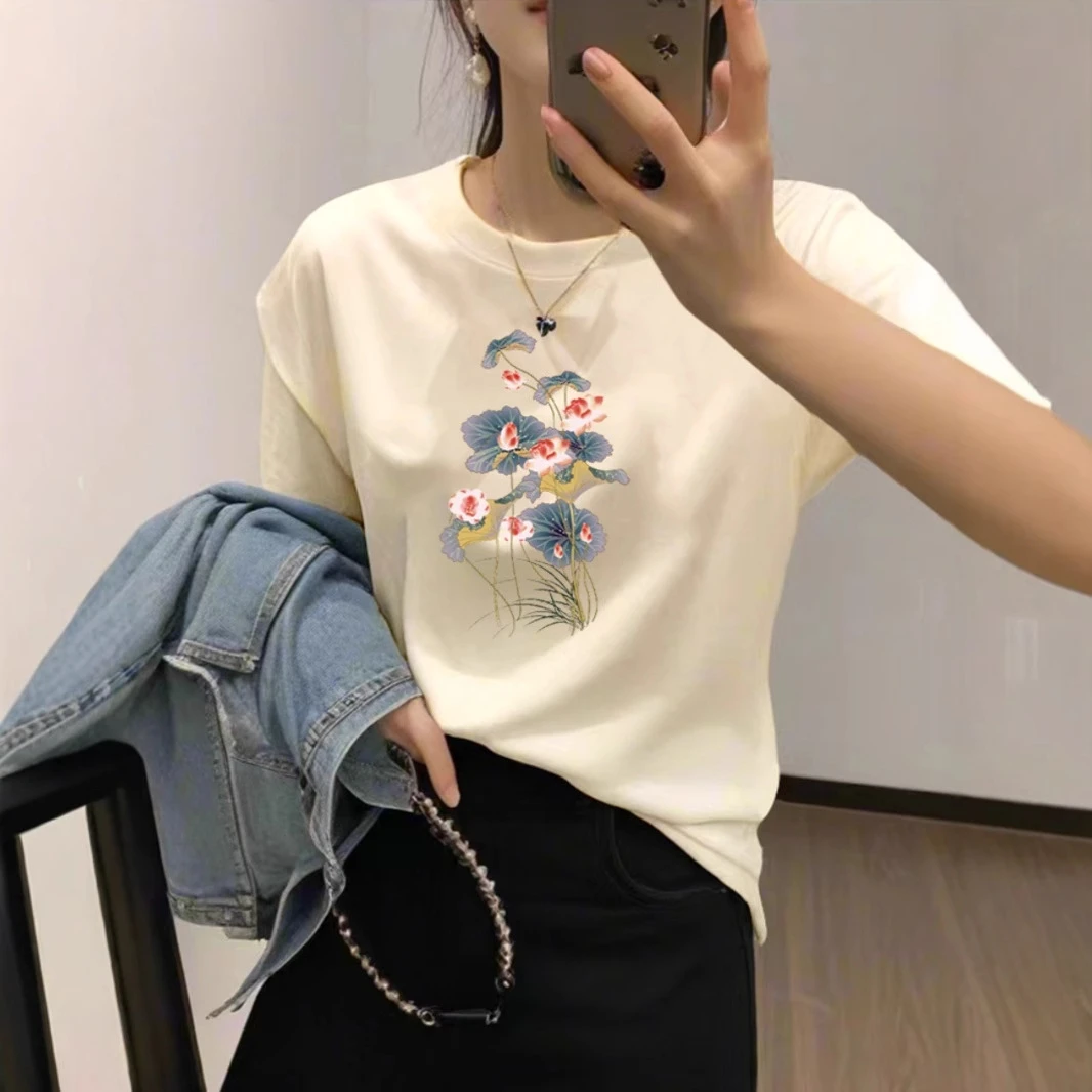 杏色t恤女短袖宽松纯棉正肩25新款夏季美式荷花显瘦圆领体恤上衣