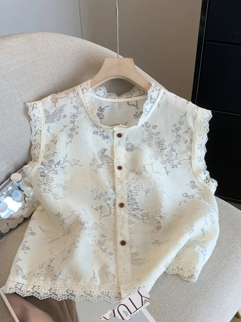 夏季2025新款新中式高级感时尚蕾丝无袖背心女设计感别致提花上衣