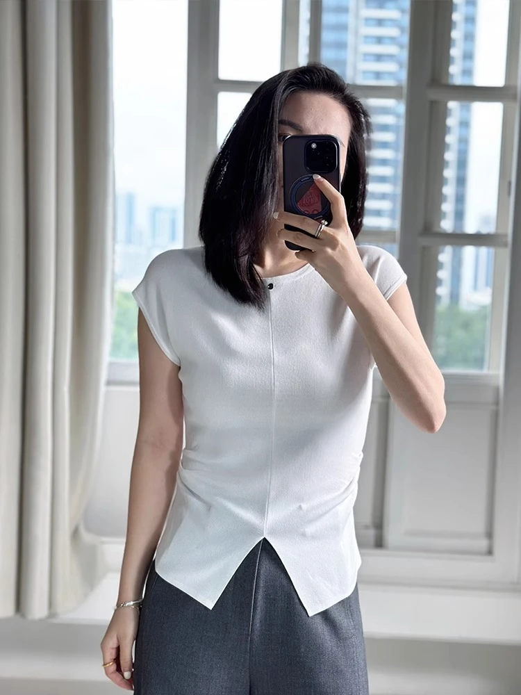 针织衫圆领飞袖夏季女新款收腰显瘦开叉百搭简约短袖薄款冰丝上衣