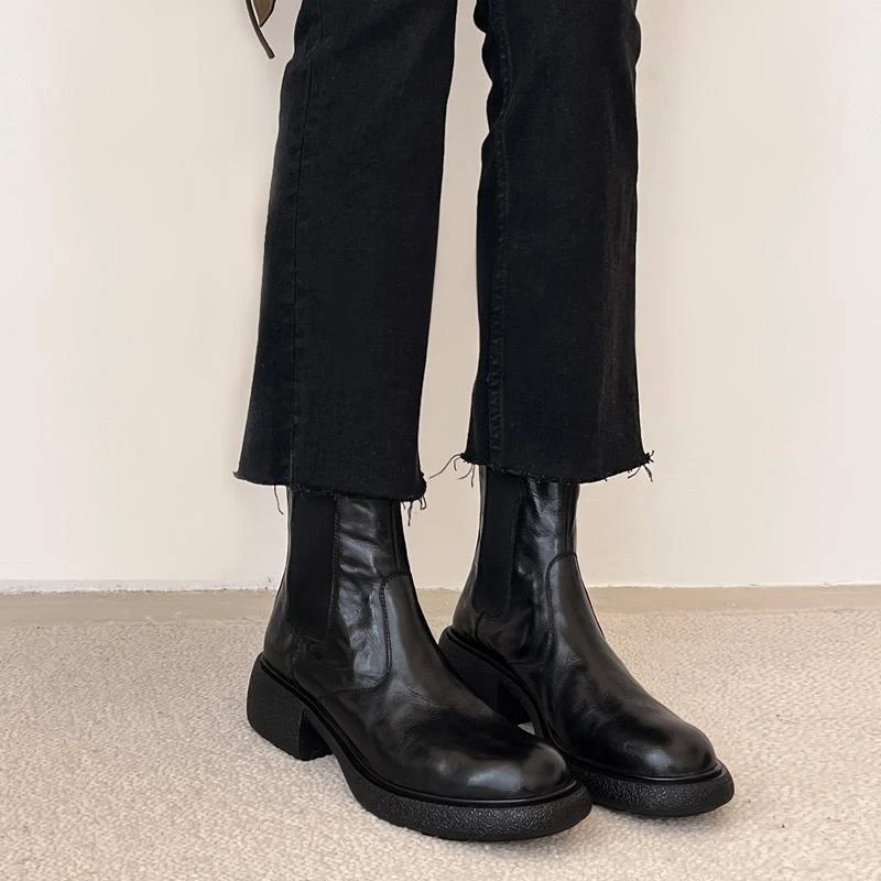 不累脚~全牛皮百搭靴子复古松紧短靴女真皮马丁靴英伦风切尔西靴