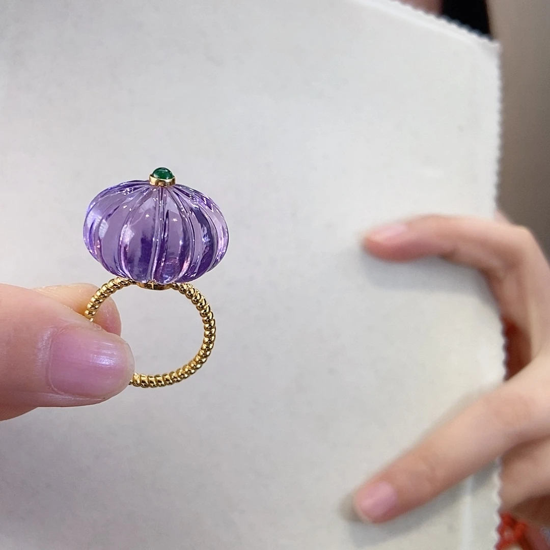 紫晶戒指18K金镶嵌设计款精工南瓜珠戒指