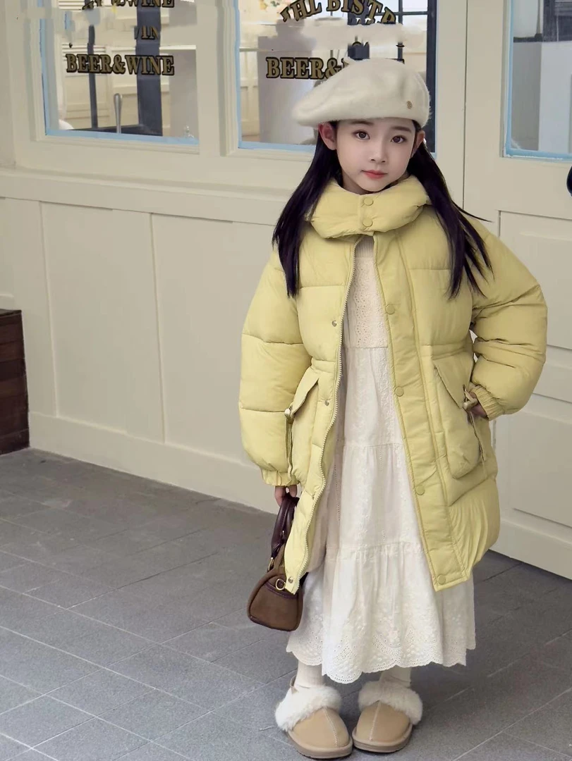 女童冬季中长款棉服加绒加厚韩版时尚百搭收腰保暖连帽儿童洋气