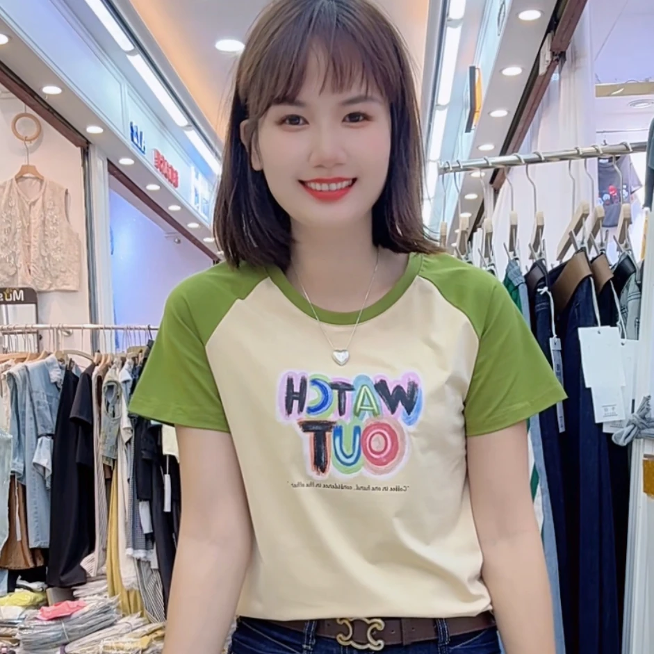 0336款（美姿）新款拼色显瘦时尚夏季女装短袖百搭休闲圆领上衣T恤