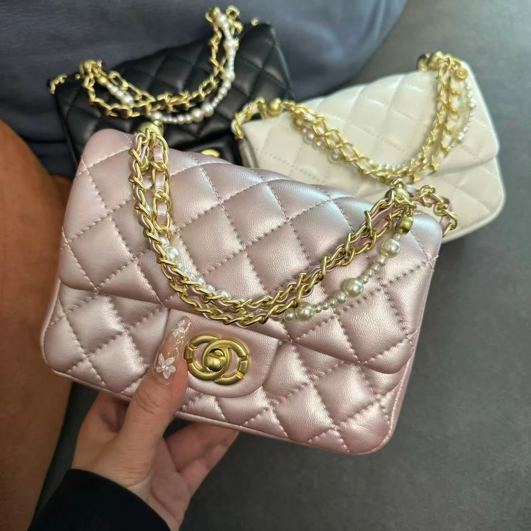 时尚小香风珍珠方胖子手拎包洋气百搭口盖包单肩斜跨菱格链条包