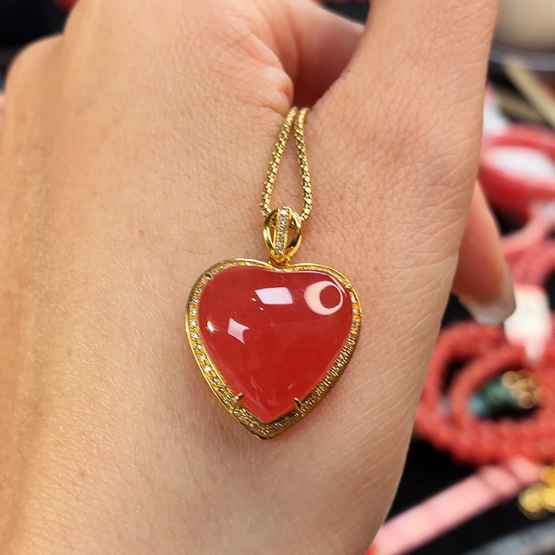 菱锰矿（红纹石）18K金镶嵌吊坠(不含链)