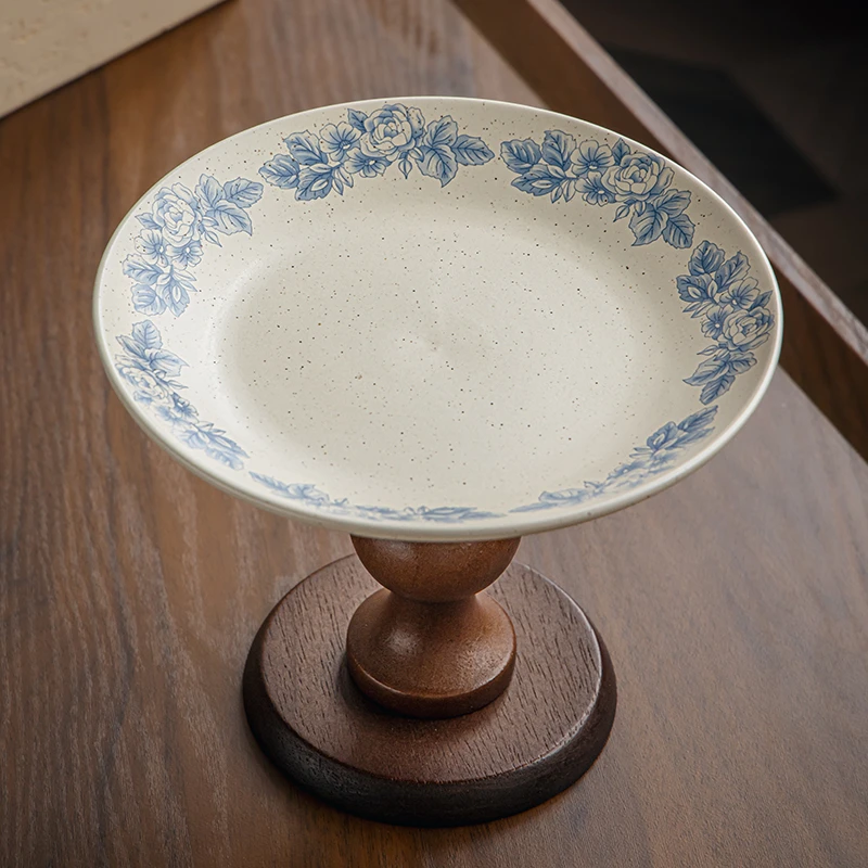 小悠家〖特别好看的果盘〗中古风青花木质高脚盘陶瓷甜品台糕点盘
