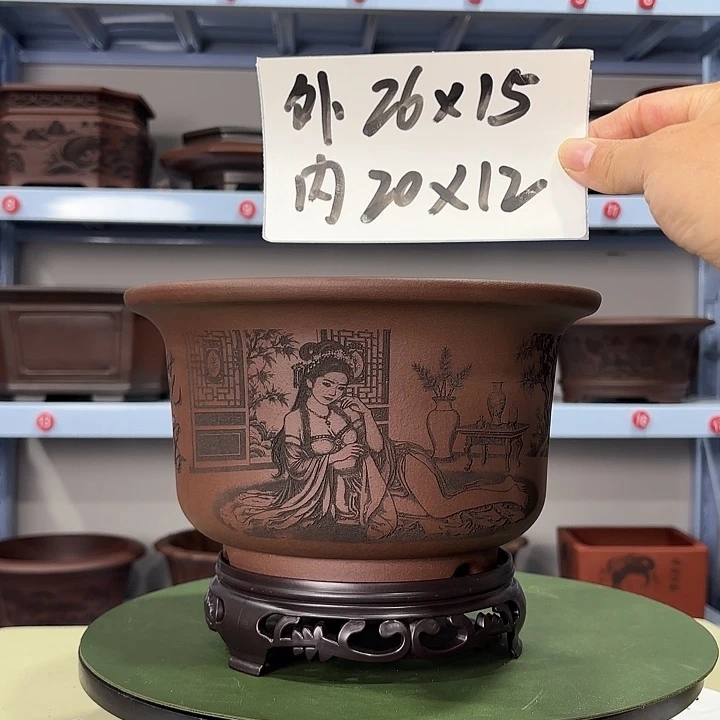 花盆紫砂刻绘国色天香