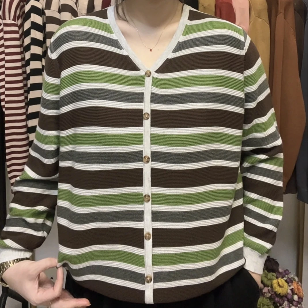 （套头 v领拼色条纹）女款宽松针织衫