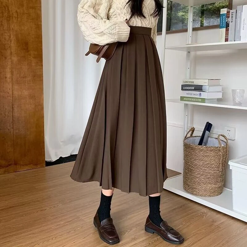 大摆裙法式复古咖色百褶半身裙女秋季配毛衣高腰a字长裙子半裙伞