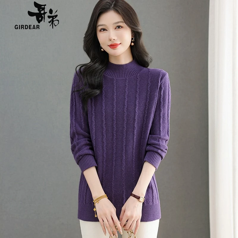 哥弟新款羊毛针织衫秋冬女半高领毛衣打底衫时尚宽松百搭穿中长款