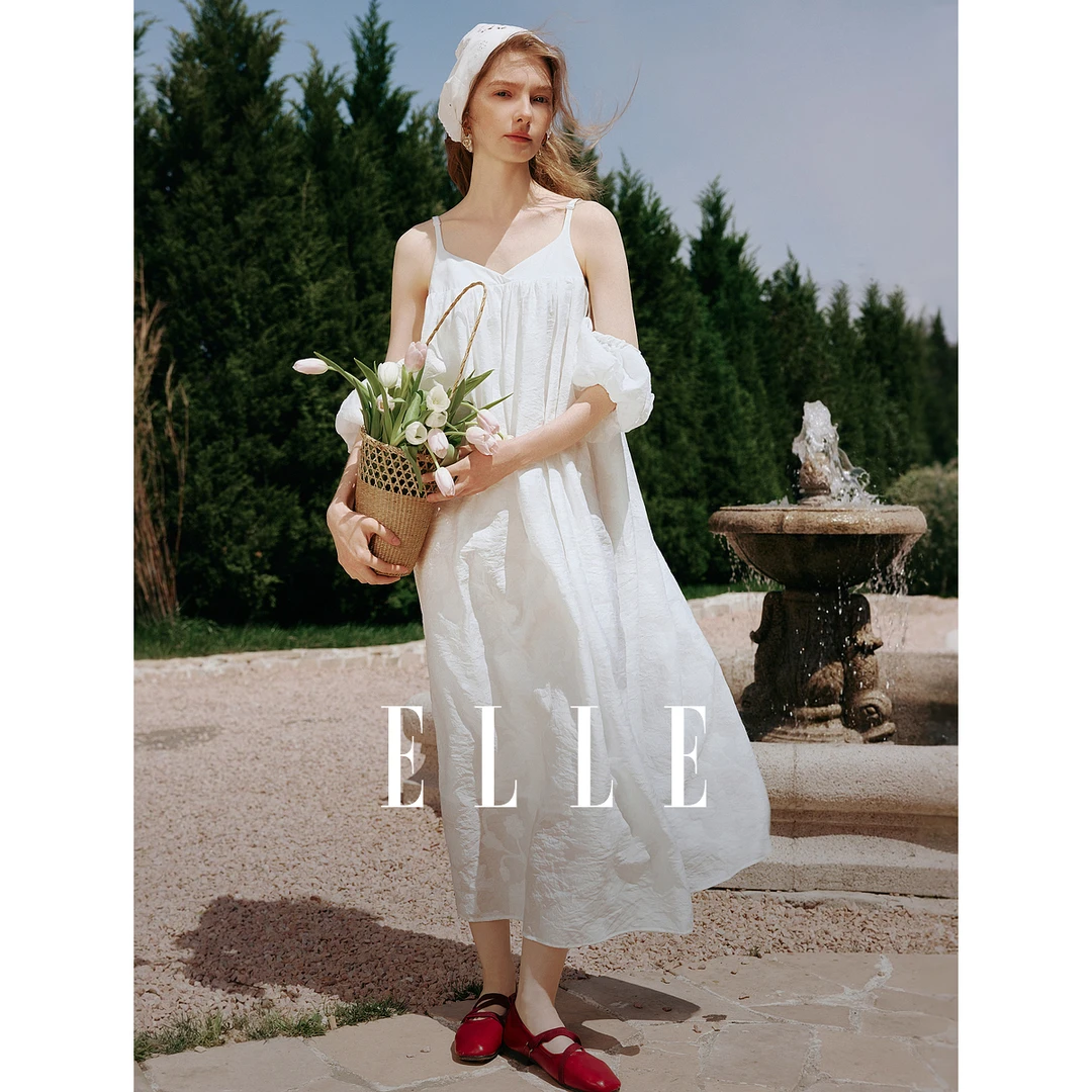 【达人专属】ELLE拼接泡泡袖提花连衣裙25夏季新款度假航海EL51859