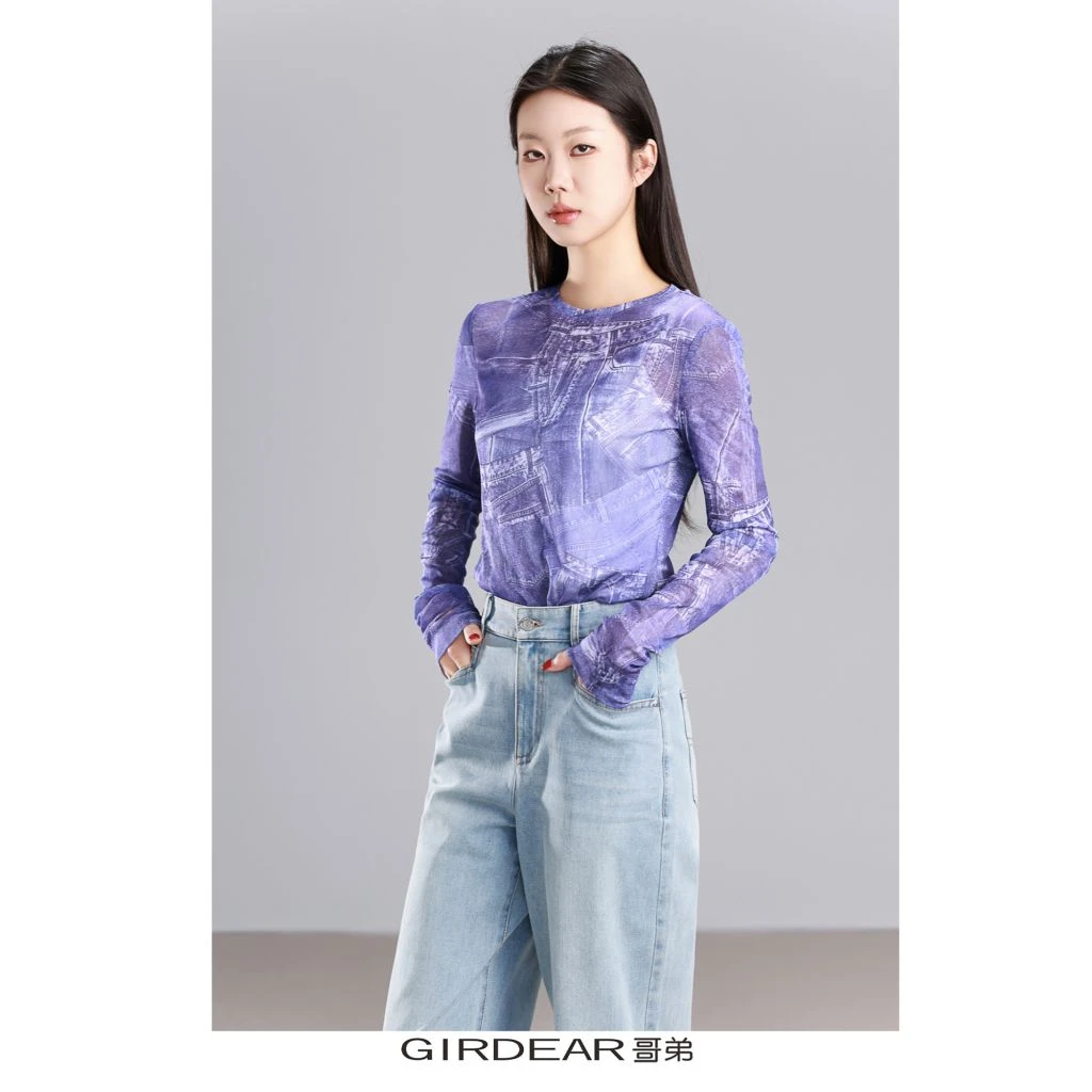 GIRDEAR/哥弟1300959「紫藤苏」水晶纱肌理感小圆领修身长袖纱衣